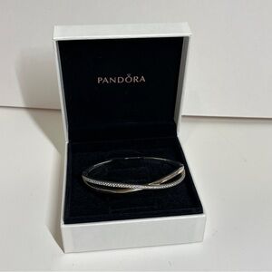 Pandora S925 ALE 3 Crossover Sterling Silver Bangle Bracelet CZ Stones Entwined